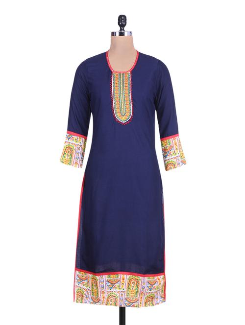 navy embroidered rayon kurta - 9653181 - Very Small Image - 1
