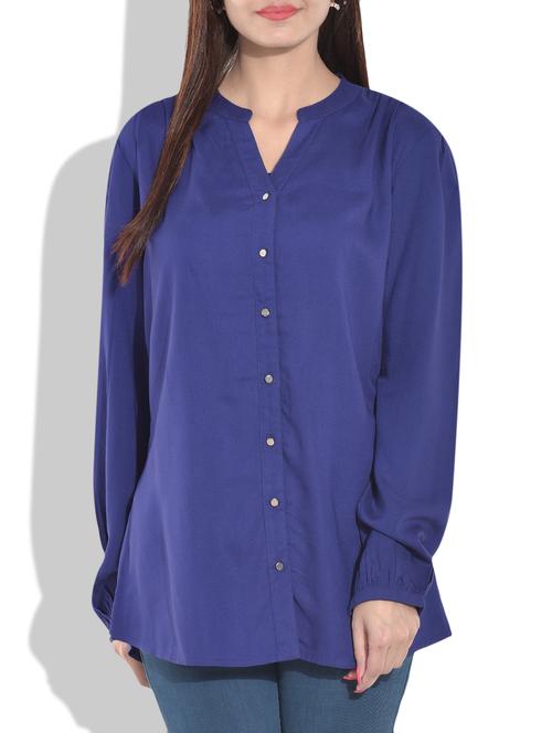 solid blue full sleeved rayon shirt - 9654577 - Very Small Image - 1