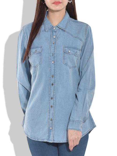 solid light blue full sleeved denim shirt - 9654582 - Very Small Image - 1
