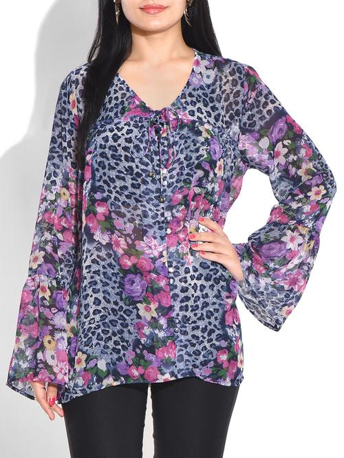 blue animal print poly georgette  top - 9655104 - Very Small Image - 1