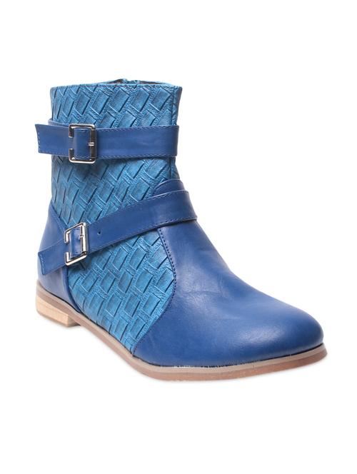 Sea blue textured leatherette flat ankle length boots - 9656299 - Very Small Image - 1