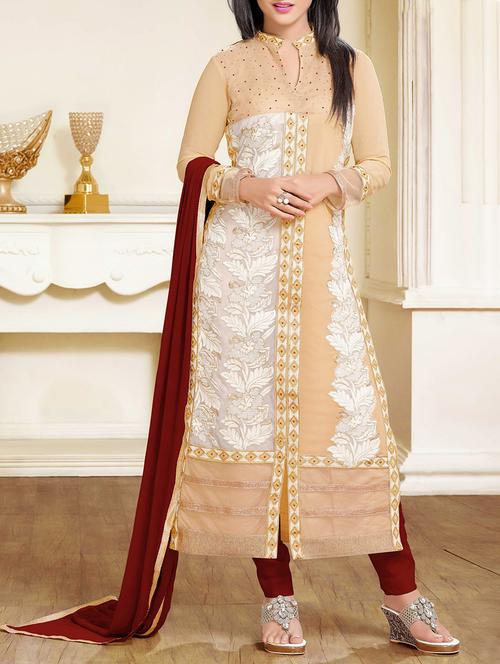 beige applique embroidered semi stitched suit set - 9657116 - Very Small Image - 1