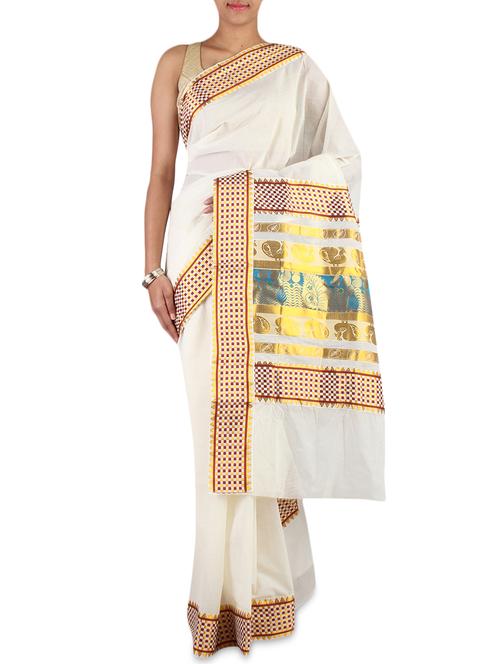Cream Color Cotton Kasavu Saree With Blouse - 9661187 - Very Small Image - 1