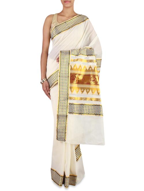 Cream Color Cotton Kasavu Saree With Blouse - 9661190 - Very Small Image - 1