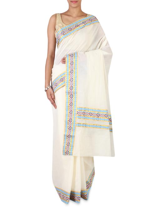 white cotton kasavu saree with blouse - 9661260 - Very Small Image - 1