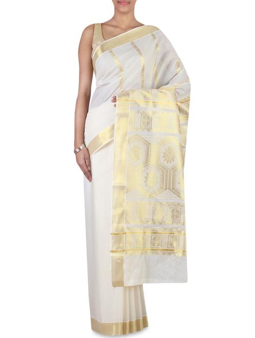 Cream Color Cotton Kasavu Saree With Blouse - 9661297 - Very Small Image - 1