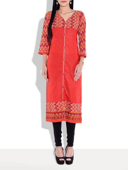 red chevron printed cotton kurta - 9661638 - Very Small Image - 1