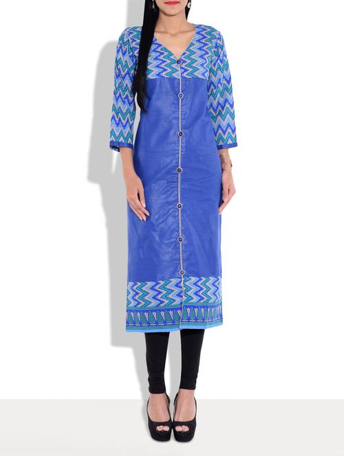 blue chevron printed cotton kurta - 9661639 - Very Small Image - 1