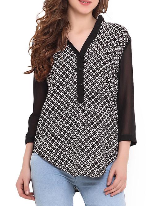 black printed three quarter sleeved top - 9667331 - Very Small Image - 1