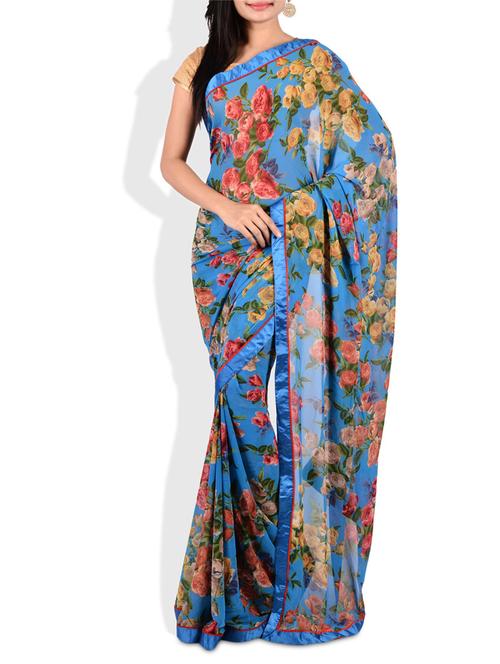 blue floral printed georgette saree - 9675512 - Very Small Image - 1