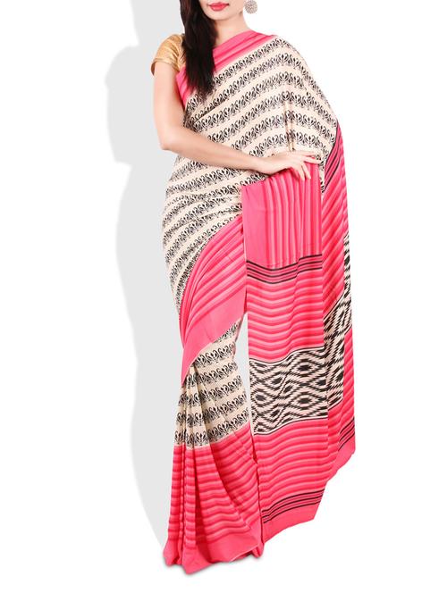 cream and pink printed crepe saree - 9675519 - Very Small Image - 1