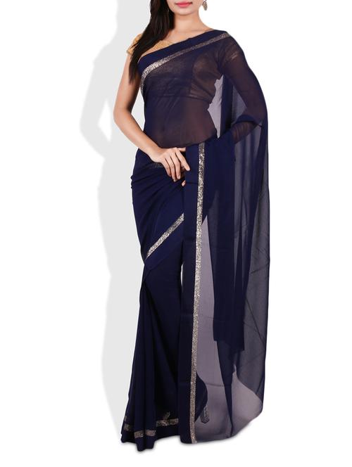 navy blue georgette saree with silver border - 9675536 - Very Small Image - 1