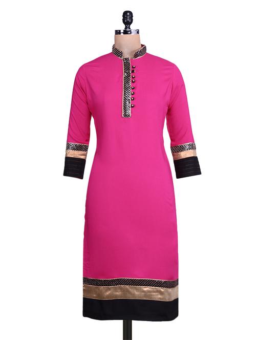 pink cotton black placket kurti - 9676065 - Very Small Image - 1