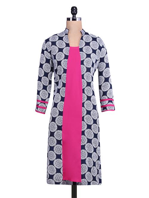 white and blue printed pink placket kurti - 9676073 - Very Small Image - 1