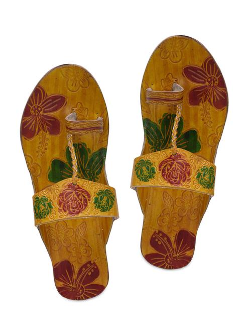 yellow leather floral painted kolhapuris - 9682030 - Very Small Image - 1