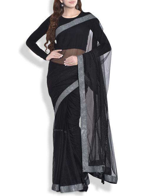 black net saree with silver grey border - 9692129 - Very Small Image - 1