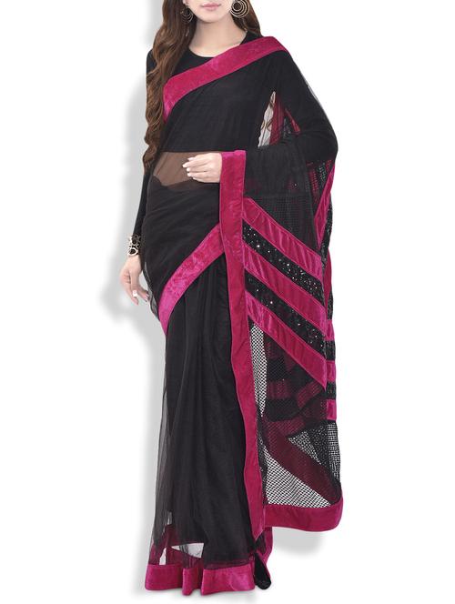 Black Soft Net Saree with Velvet and Sequined Border - 9692130 - Very Small Image - 1