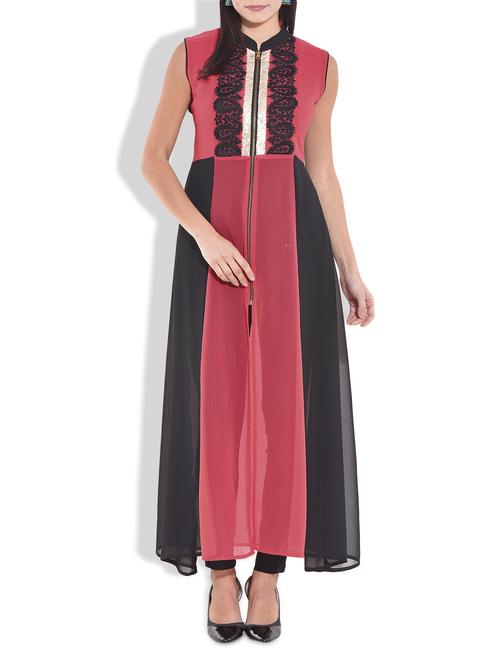 red and black polygeorgette embroidered kurta - 9692407 - Very Small Image - 1