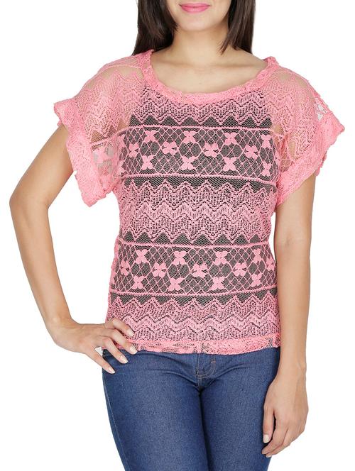 pink short sleeved net laced top - 9695229 - Very Small Image - 1