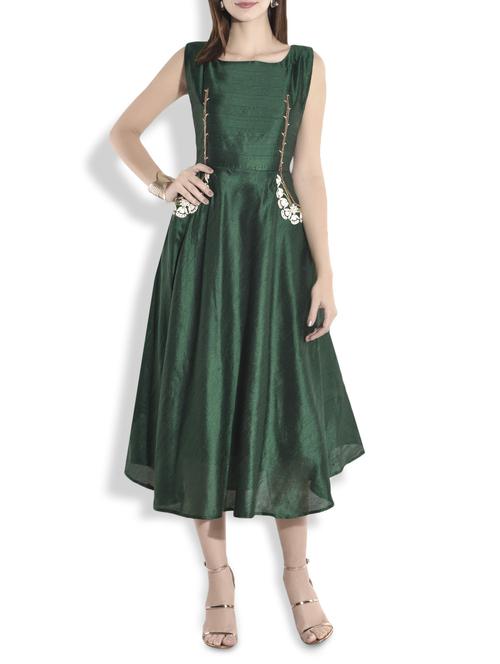 dark green flared raw silk sleeveless dress - 9698462 - Very Small Image - 1