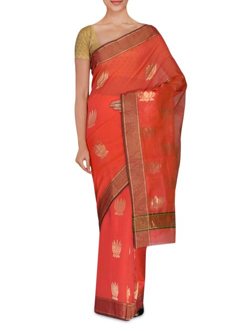 brick red jacquard chanderi silk saree - 9699170 - Very Small Image - 1