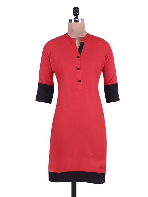 red quarter sleeved cotton kurta - 9701331 - Very Small Image - 1