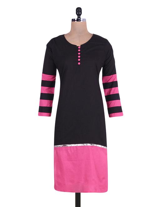 black color blocked cotton kurta - 9701333 - Very Small Image - 1