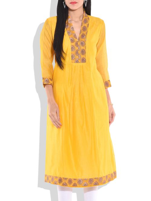 yellow chanderi silk kurti - 9701555 - Very Small Image - 1