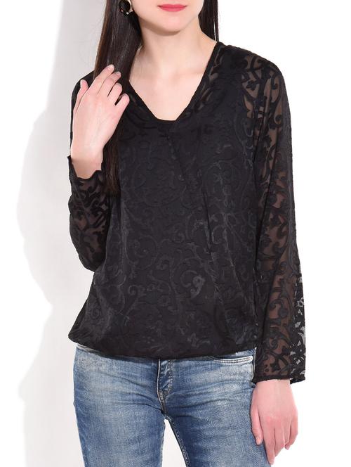 black textured v neck full sleeve top - 9701985 - Very Small Image - 1