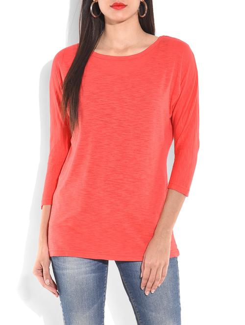 solid coral cotton round neck top - 9703960 - Very Small Image - 1