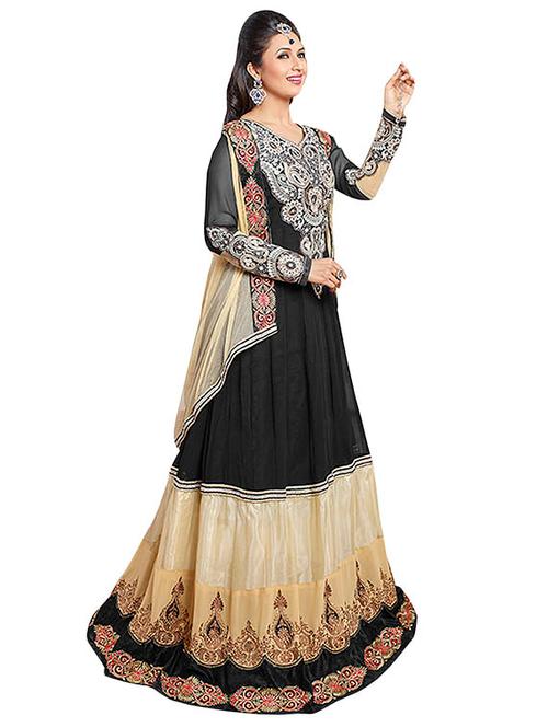 black & beige semi georgette embroidered gown - 9713374 - Very Small Image - 1