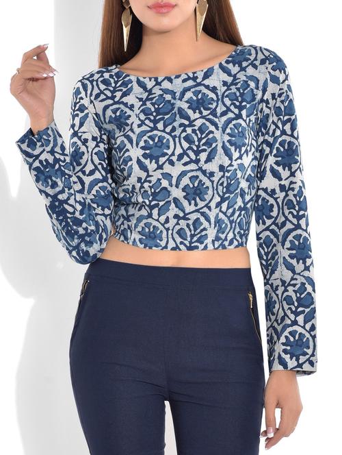 indigo cotton floral print crop top - 9722654 - Very Small Image - 1