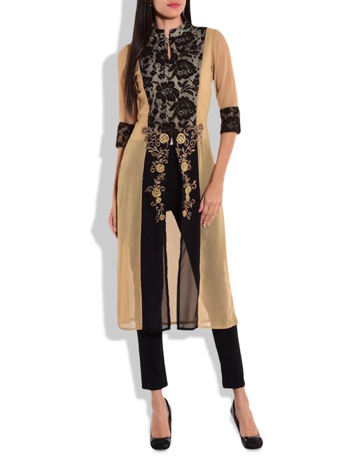 black and beige polygeorgette polylace kurta - 9732790 - Very Small Image - 1