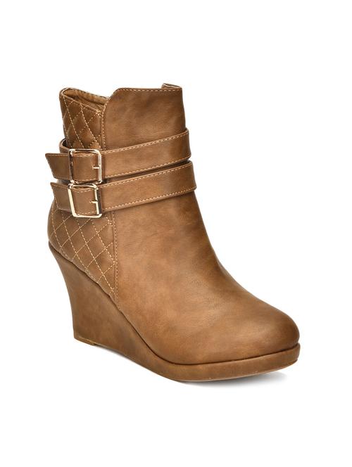 Brown Buckled Faux Leather Wedge Boots - 9733906 - Very Small Image - 1