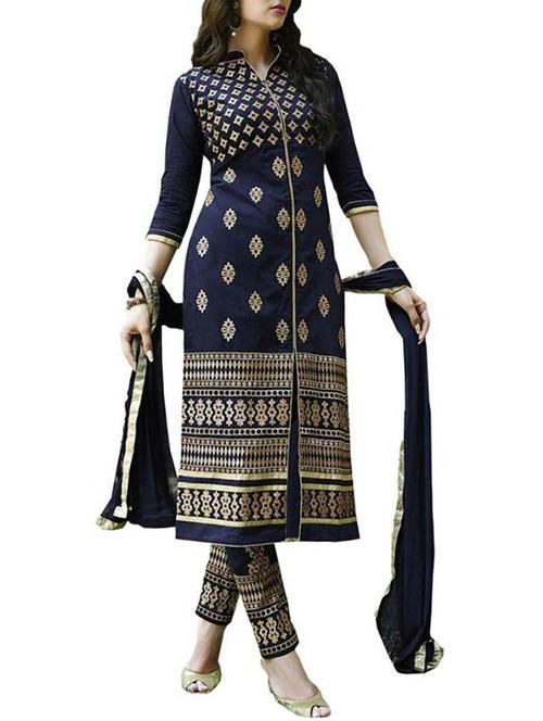 navy blue embroidered semi-stitched suit set - 9737493 - Very Small Image - 1