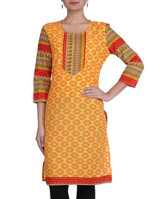 yellow printed cotton kurti - 9740204 - Very Small Image - 1