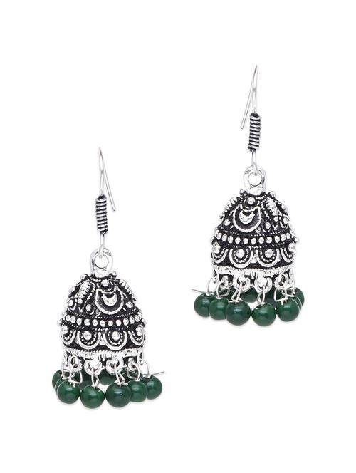 antique silver and dark green beaded fish hook jhumka earrings - 9742563 - Very Small Image - 1