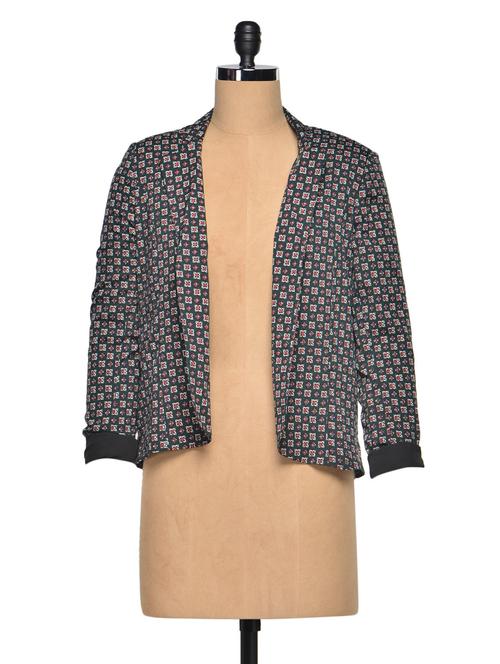 Black- Multi Printed Polyester Blazer - 974851 - Very Small Image - 1