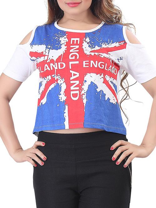 white printed cotton tee with cutout sleeves - 9752219 - Very Small Image - 1