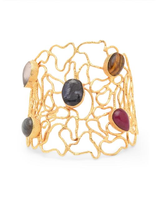 natural stone studded gold plated hand cuff - 9761976 - Very Small Image - 1