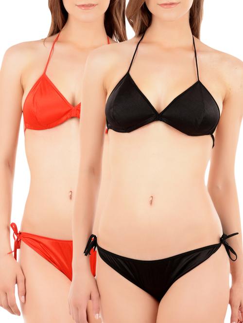 red & black satin stretchable  bikini set - 9762210 - Very Small Image - 1