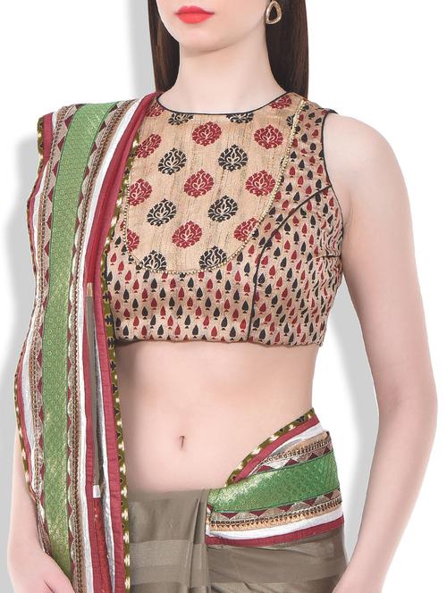 beige printed sleeveless silk stitched blouse - 9763803 - Very Small Image - 1
