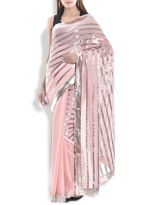 peach crush georgette striped saree - 9763817 - Very Small Image - 1