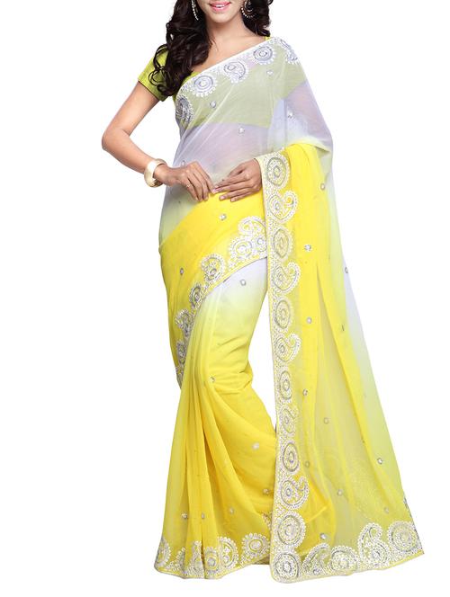 yellow and white chiffon saree - 9765232 - Very Small Image - 1