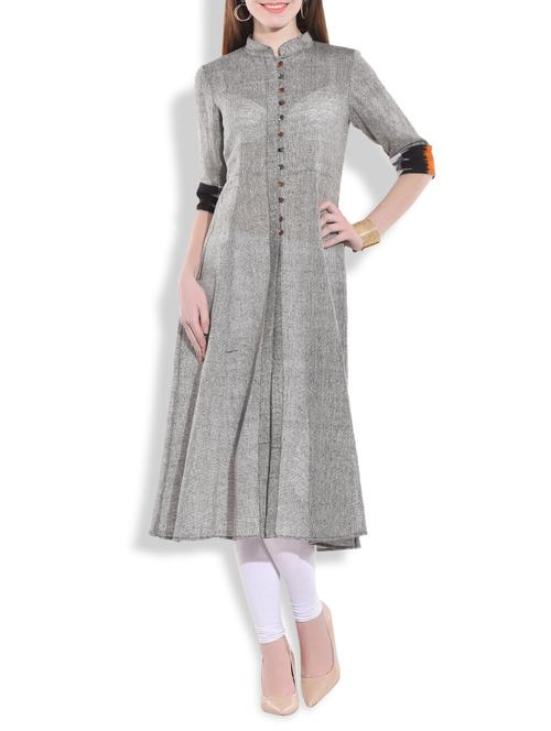 grey jute a-line  high slit kurta - 9772868 - Very Small Image - 1