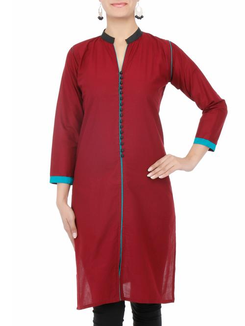 classic cut solid  kurta with contrast trim detail - 9772966 - Very Small Image - 1