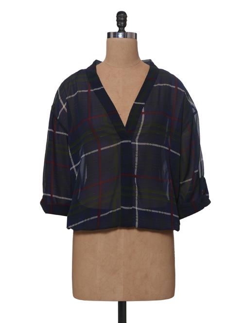 blue checks print  sheer top - 977799 - Very Small Image - 1