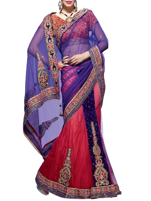  pista and red net  saree - 9780196 - Very Small Image - 1