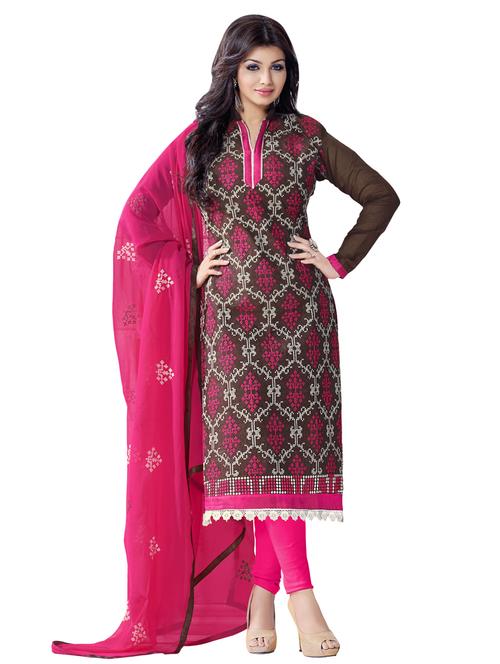 brown chanderi embroidered  dress material - 9787284 - Very Small Image - 1