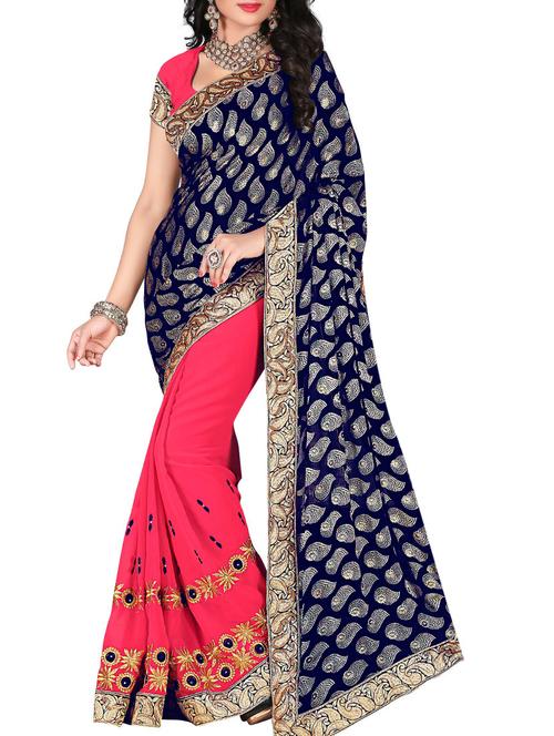 blue & red georgette embroidered saree - 9787309 - Very Small Image - 1